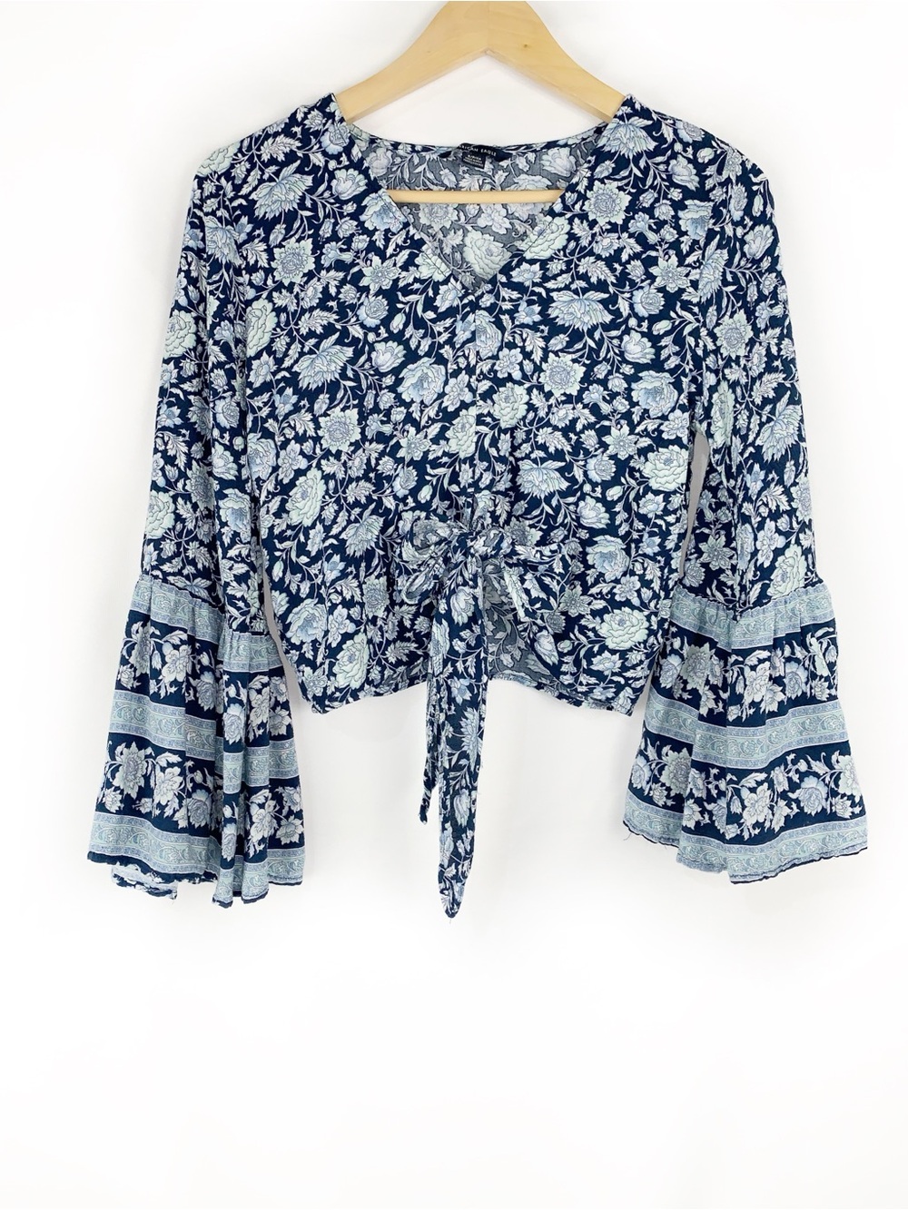 American Eagle Outfitters Boho Bell Sleeve Blouse Blue Floral - Picture 5 of 7